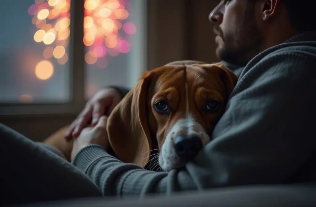 Beagle dog with owner and fireworks