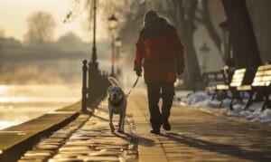 owner walking dog