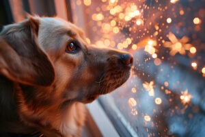 dog watching fireworks